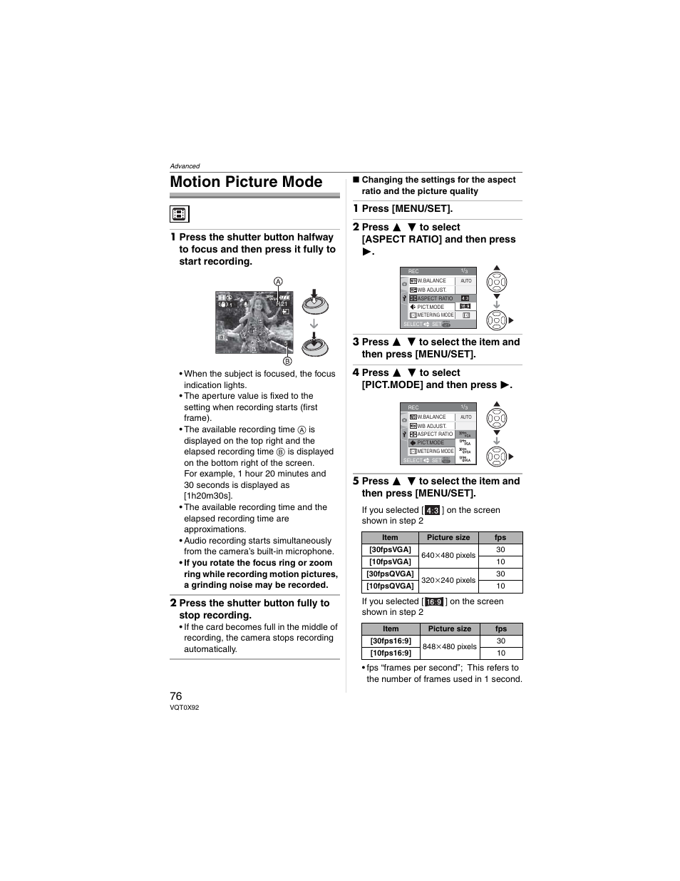 Motion picture mode, 2 press the shutter button fully to stop recording | Panasonic DMC-FZ50 User Manual | Page 76 / 144