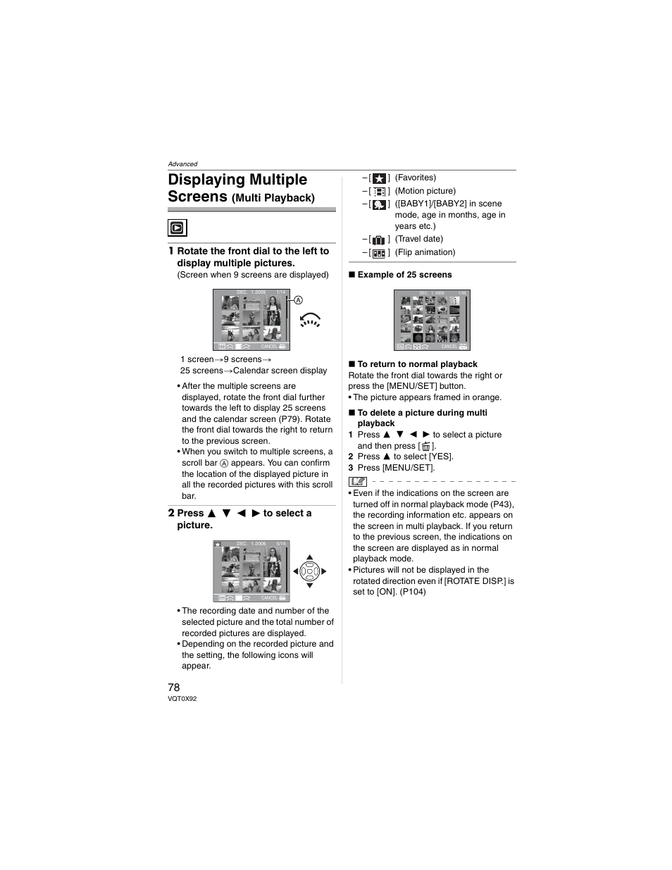Displaying multiple screens (multi playback), Displaying multiple screens, Multi playback) | Panasonic DMC-FZ50 User Manual | Page 78 / 144