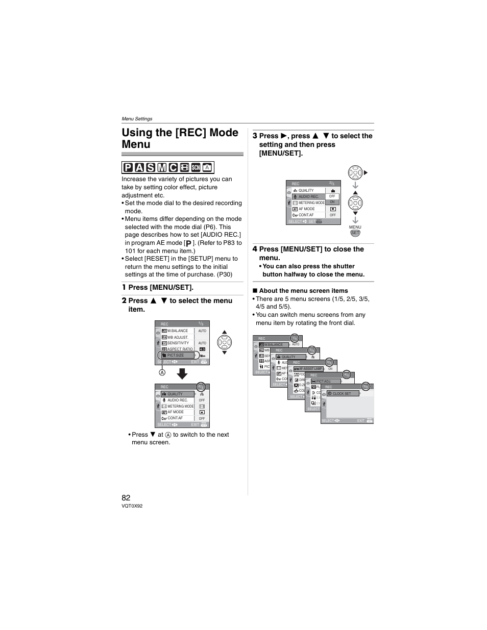 Menu settings, Using the [rec] mode menu, Press  at  to switch to the next menu screen | Panasonic DMC-FZ50 User Manual | Page 82 / 144