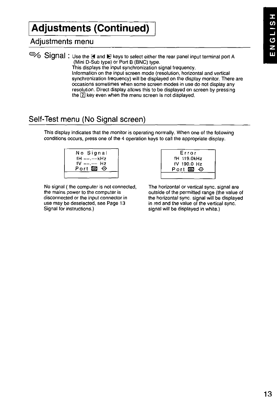 Adjustments (continued), Adjustments menu signal, Self-test menu (no signal screen) | Panasonic PANASYNC/PRO TX-D1F64 User Manual | Page 14 / 50