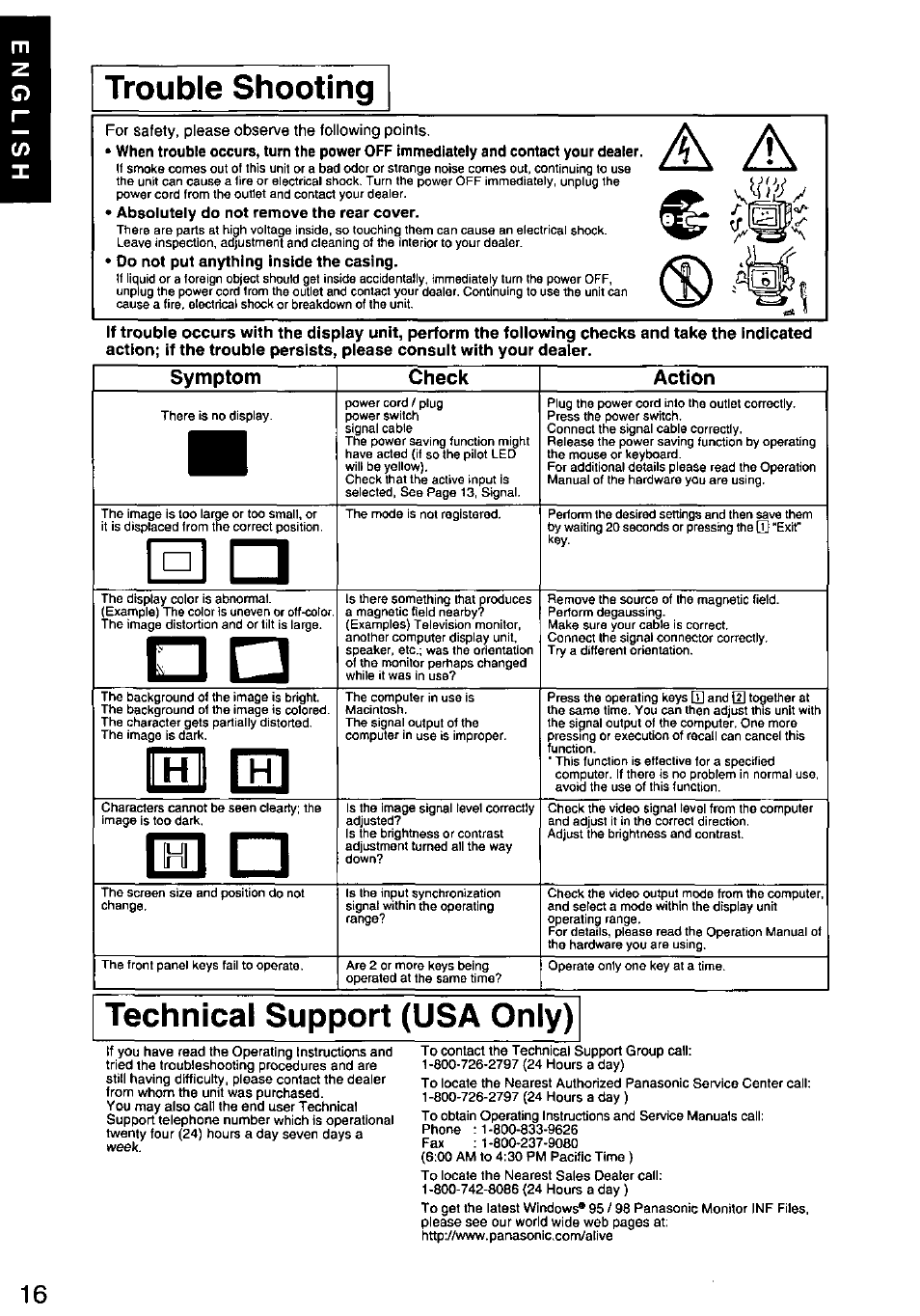 Technical support (usa only), E eh, Symptom check action | Panasonic PANASYNC/PRO TX-D1F64 User Manual | Page 17 / 50