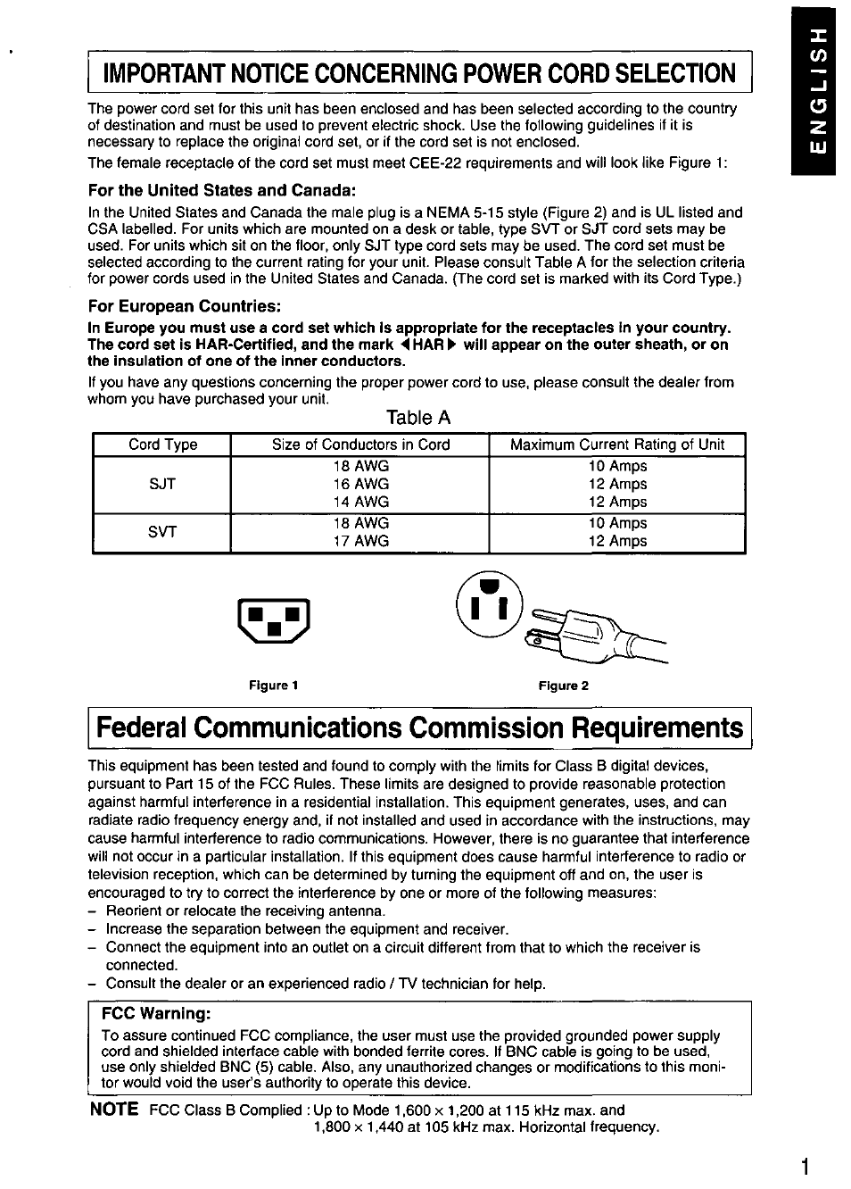Federal communications commission requirements, Table a | Panasonic PANASYNC/PRO TX-D1F64 User Manual | Page 2 / 50
