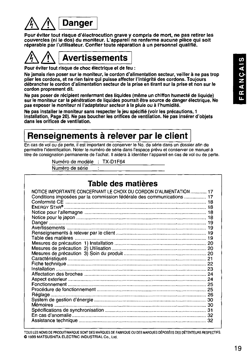 Panasonic PANASYNC/PRO TX-D1F64 User Manual | Page 20 / 50