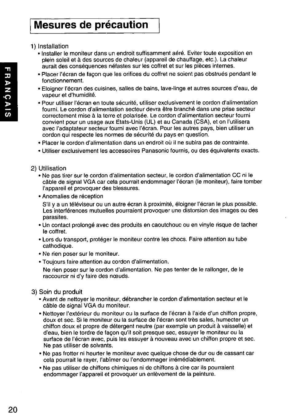 Mesures de précaution | Panasonic PANASYNC/PRO TX-D1F64 User Manual | Page 21 / 50