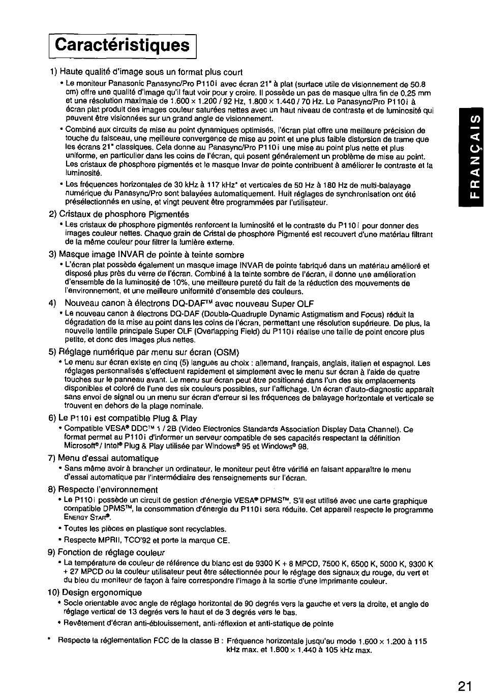 Caractéristiques | Panasonic PANASYNC/PRO TX-D1F64 User Manual | Page 22 / 50