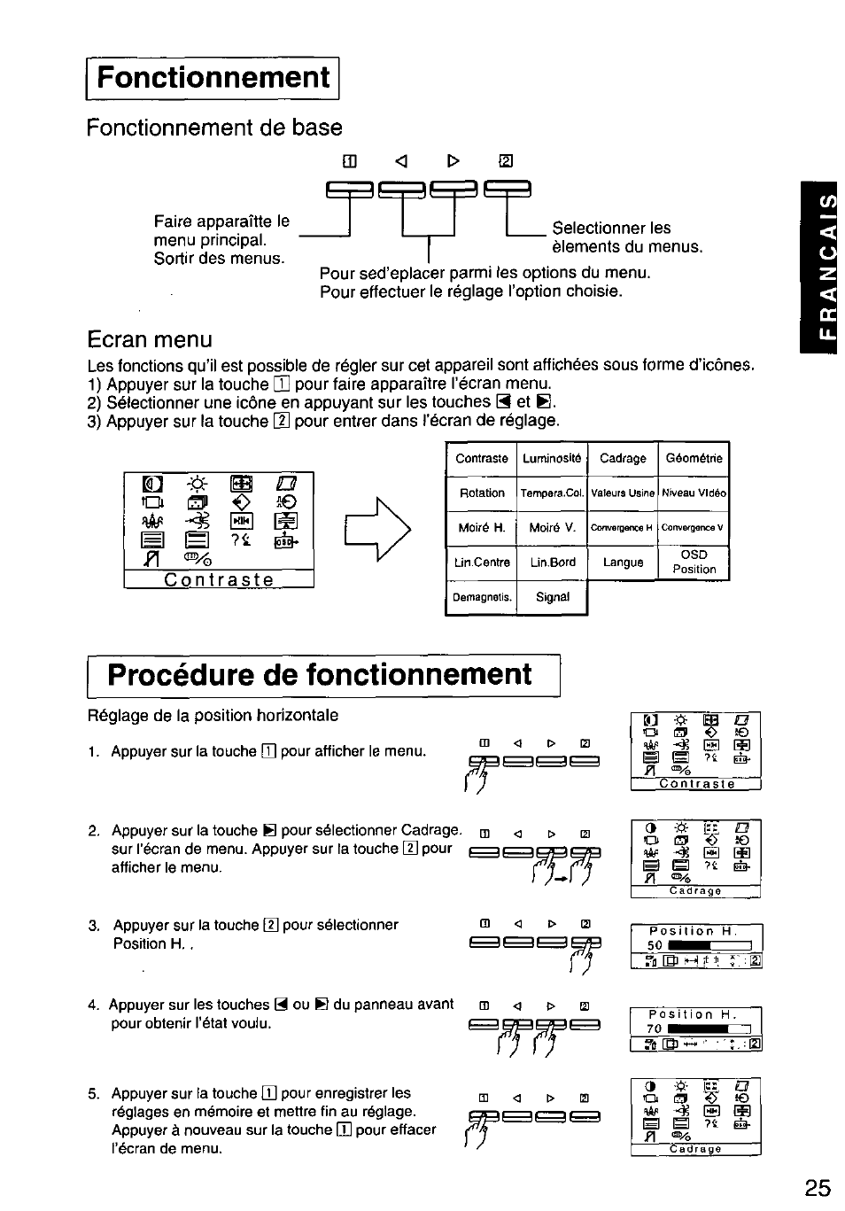 Fonctionnement, Procédure de fonctionnement, Fonctionnement procédure de fonctionnement | Fonctionnement de base, Ecran menu, Io № s 7 t fl | Panasonic PANASYNC/PRO TX-D1F64 User Manual | Page 26 / 50