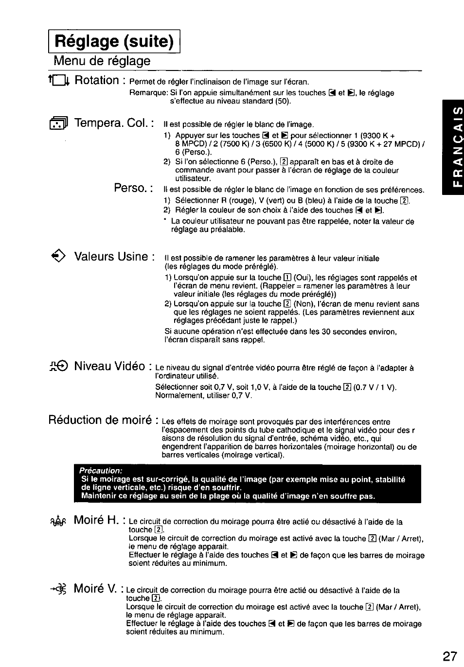 Réglage (suite) | Panasonic PANASYNC/PRO TX-D1F64 User Manual | Page 28 / 50