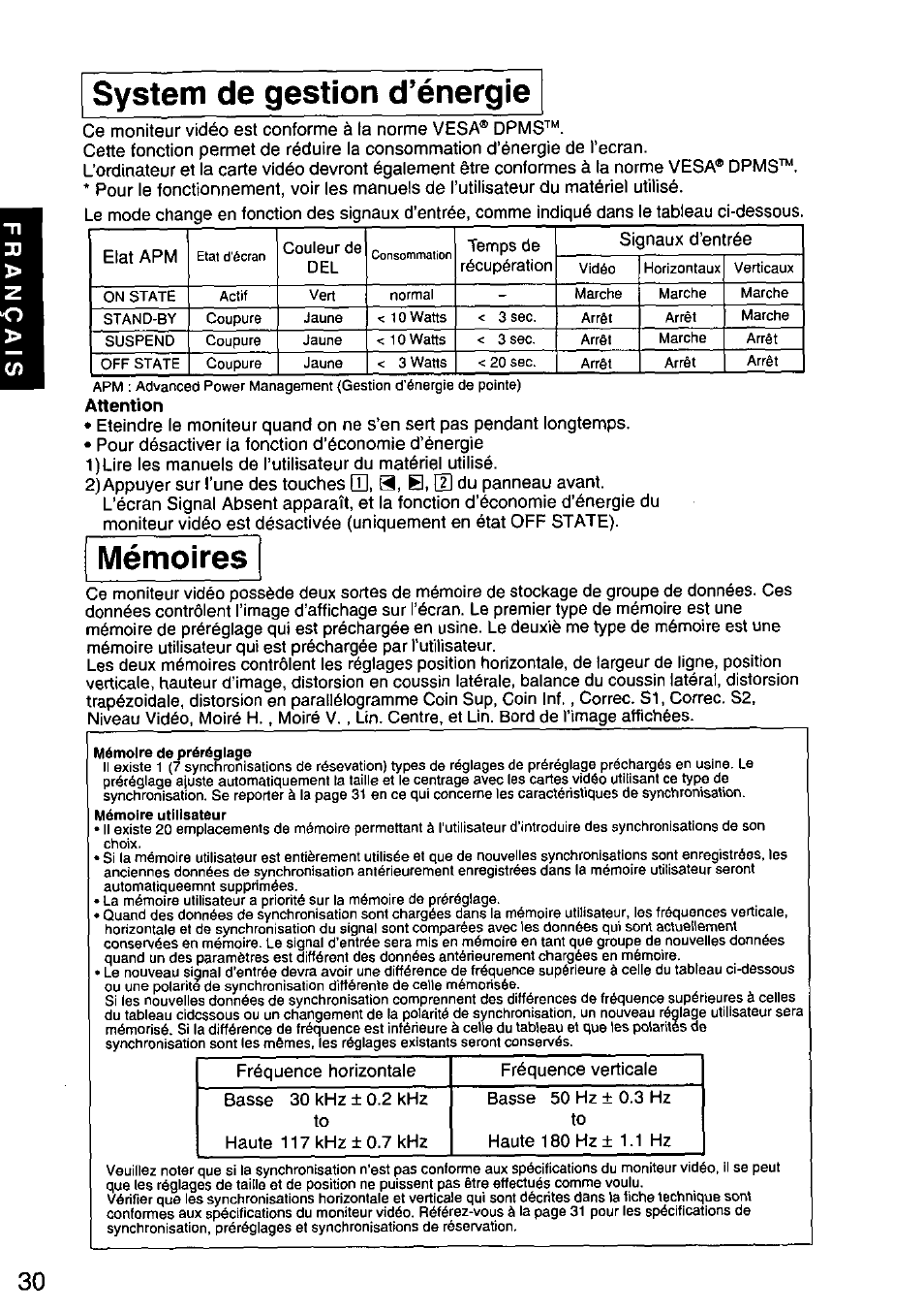 System de gestion d’énergie, Mémoires | Panasonic PANASYNC/PRO TX-D1F64 User Manual | Page 31 / 50