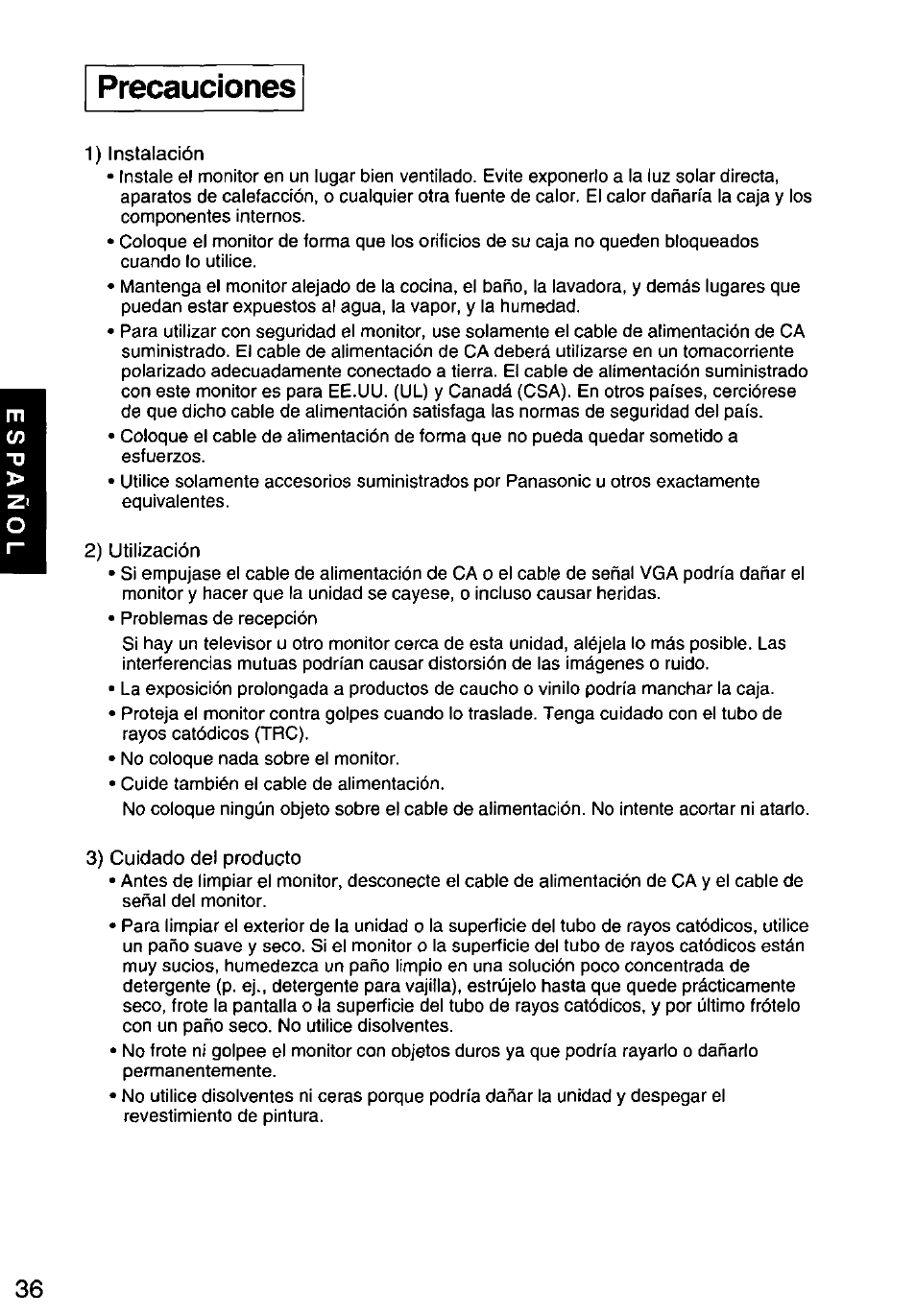 Precauciones | Panasonic PANASYNC/PRO TX-D1F64 User Manual | Page 37 / 50