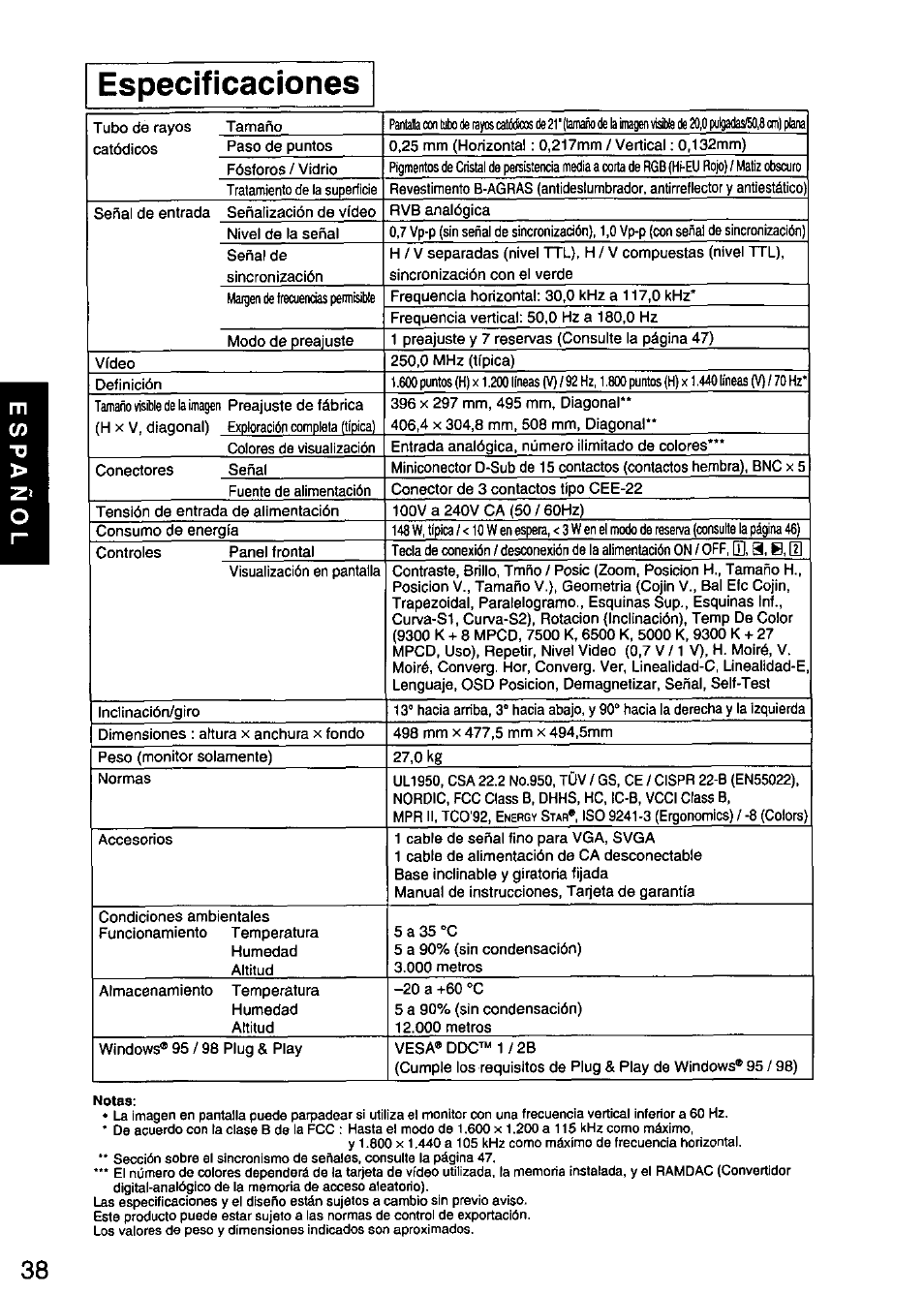 Especificaciones | Panasonic PANASYNC/PRO TX-D1F64 User Manual | Page 39 / 50