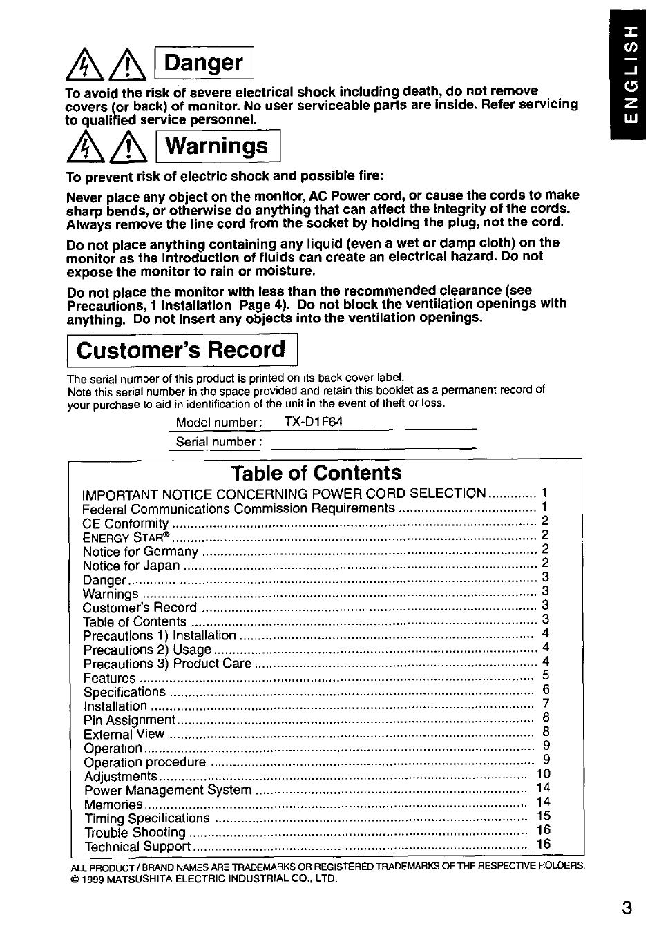 A a i danger, Customer’s record, A a i | Danger, Warnings | Panasonic PANASYNC/PRO TX-D1F64 User Manual | Page 4 / 50