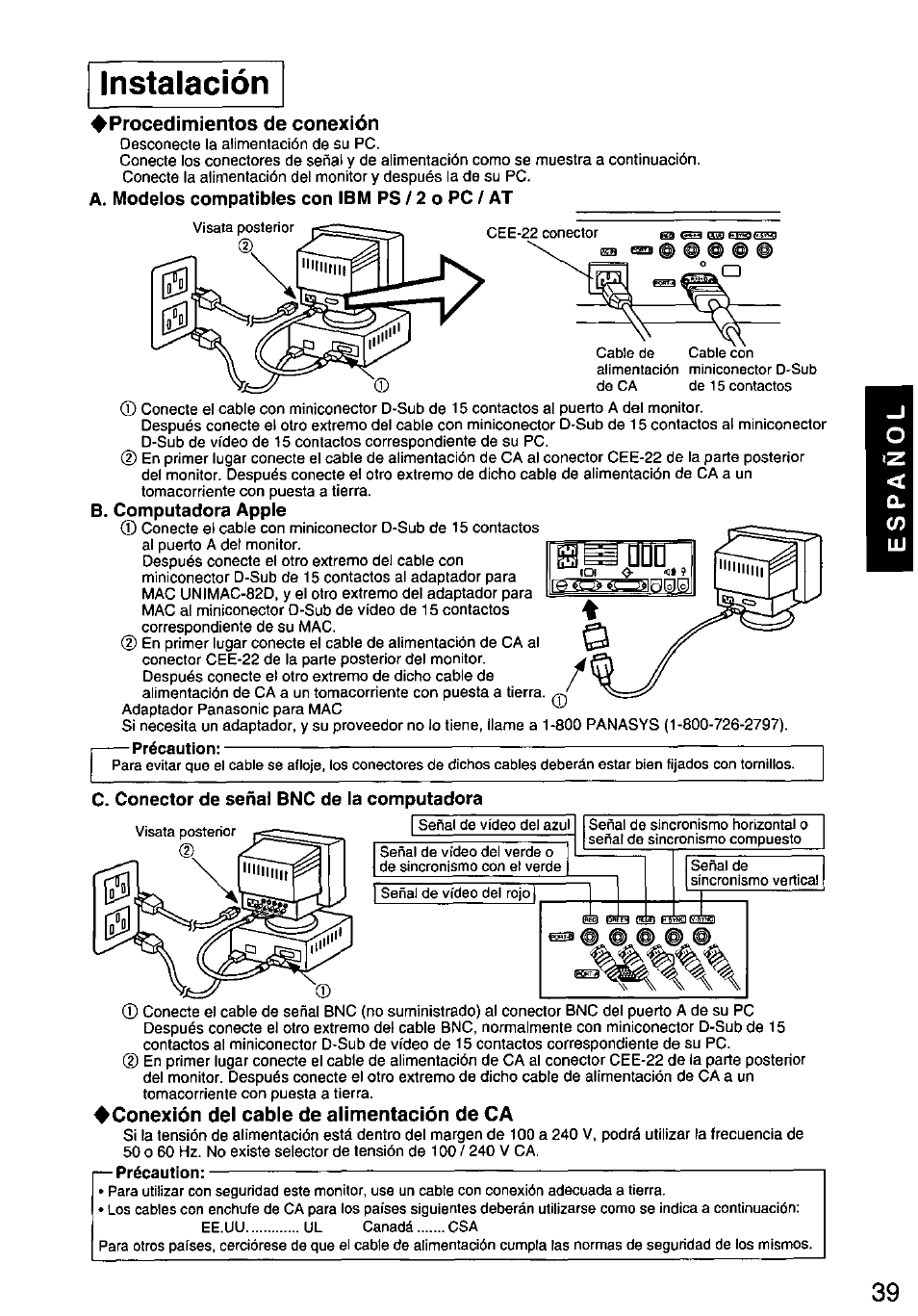 Instalación, Procedimientos de conexión, Conexión del cable de alimentación de ca | Panasonic PANASYNC/PRO TX-D1F64 User Manual | Page 40 / 50