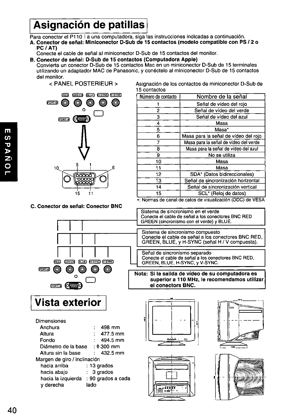 Asignación de patillas, Vista exterior, Asignación de patillas vista exterior | Panasonic PANASYNC/PRO TX-D1F64 User Manual | Page 41 / 50
