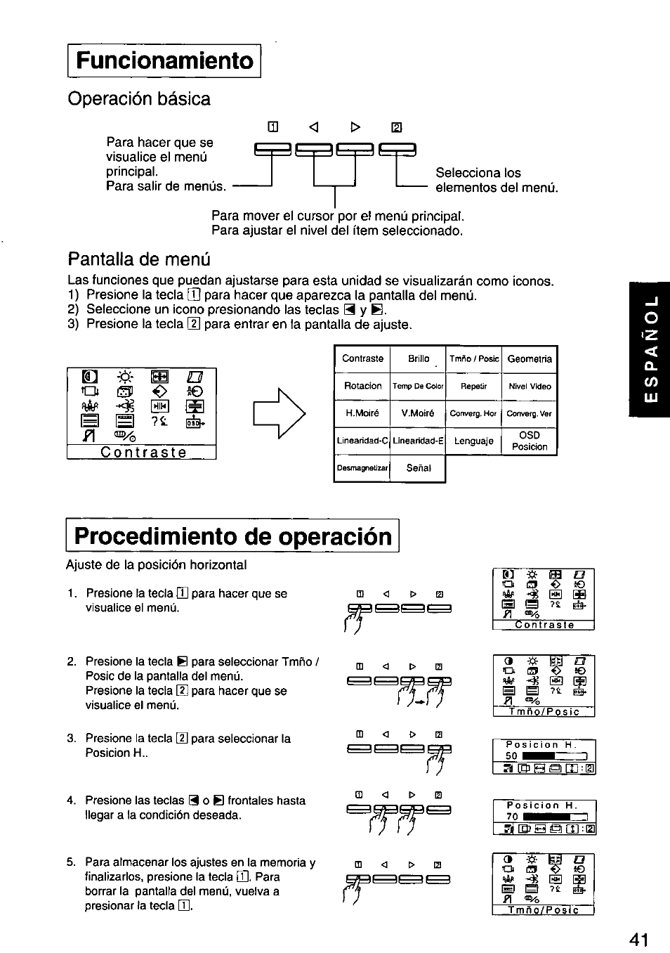 Funcionamiento, Procedimiento de operación, Funcionamiento procedimiento de operación | Фг- ш, Íw о ю ф, Operación básica, Pantalla de menú, Cont rast, Й si | Panasonic PANASYNC/PRO TX-D1F64 User Manual | Page 42 / 50