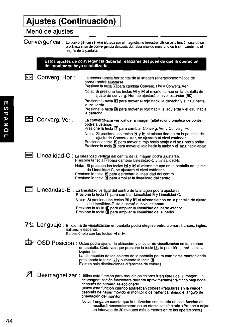 Ajustes (continuación), Menú de ajustes convergencia, Йи converg. hor converg. ver h linealidad-c | H linearidad-e, Lenguaje, Osd posición, F\ desnnagnetizar | Panasonic PANASYNC/PRO TX-D1F64 User Manual | Page 45 / 50