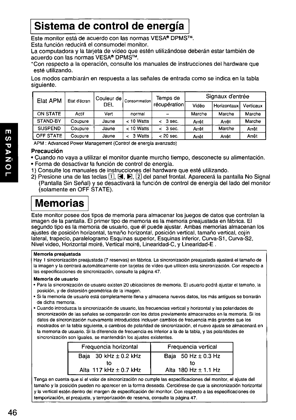 Sistema de control de energia, Sistema de control de energía | Panasonic PANASYNC/PRO TX-D1F64 User Manual | Page 47 / 50