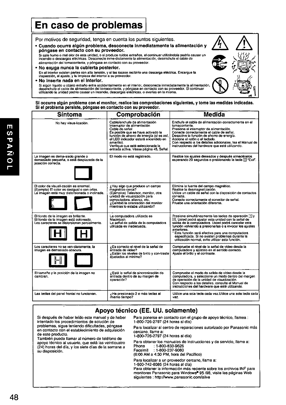 Apoyo técnico (ее. uu. solamente), Síntoma comprobación medida | Panasonic PANASYNC/PRO TX-D1F64 User Manual | Page 49 / 50
