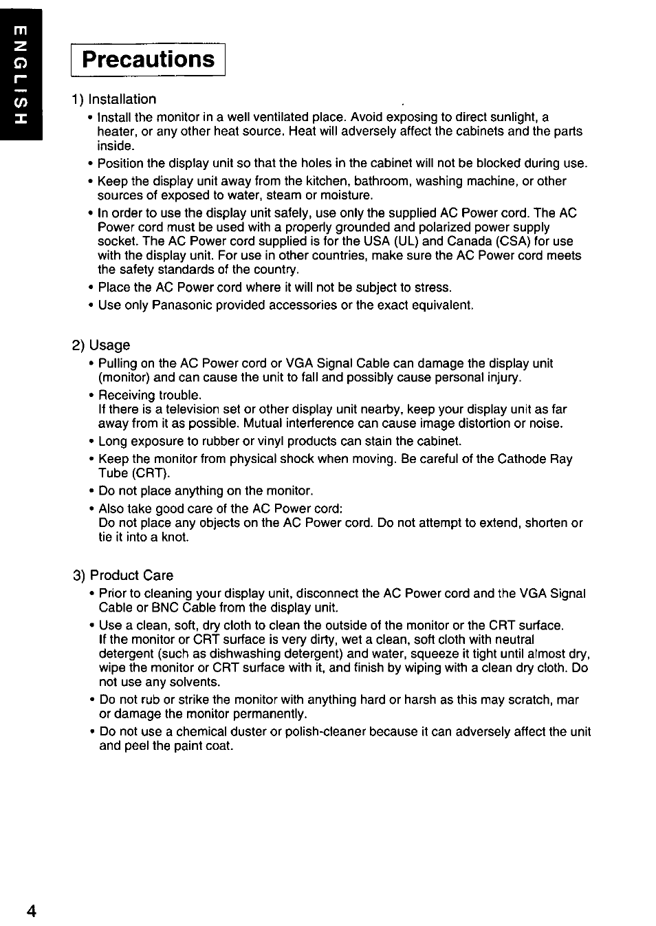 Precautions | Panasonic PANASYNC/PRO TX-D1F64 User Manual | Page 5 / 50