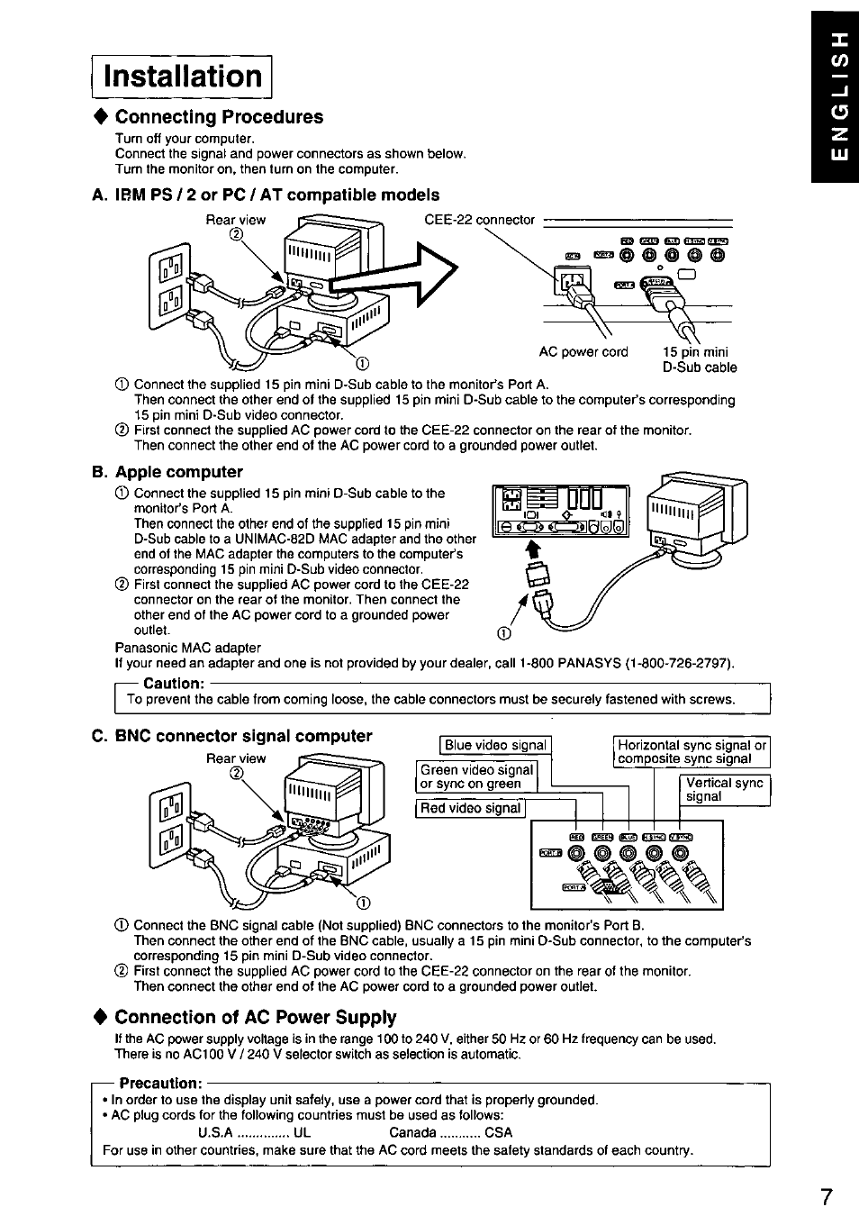 Installation, Connecting procedures, 4 connection of ac power supply | Panasonic PANASYNC/PRO TX-D1F64 User Manual | Page 8 / 50
