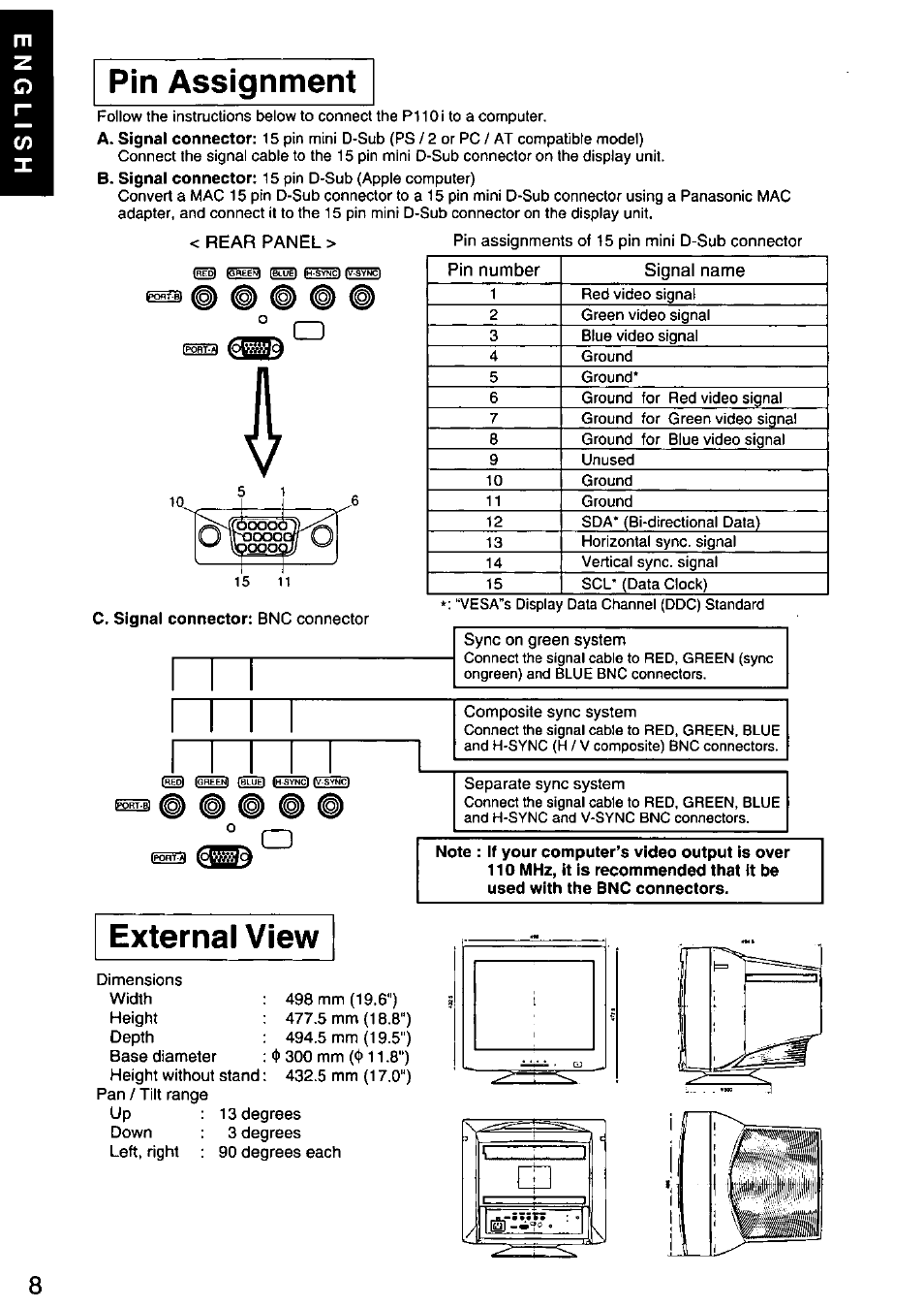 Pin assignment, External view, Pin assignment external view | Panasonic PANASYNC/PRO TX-D1F64 User Manual | Page 9 / 50