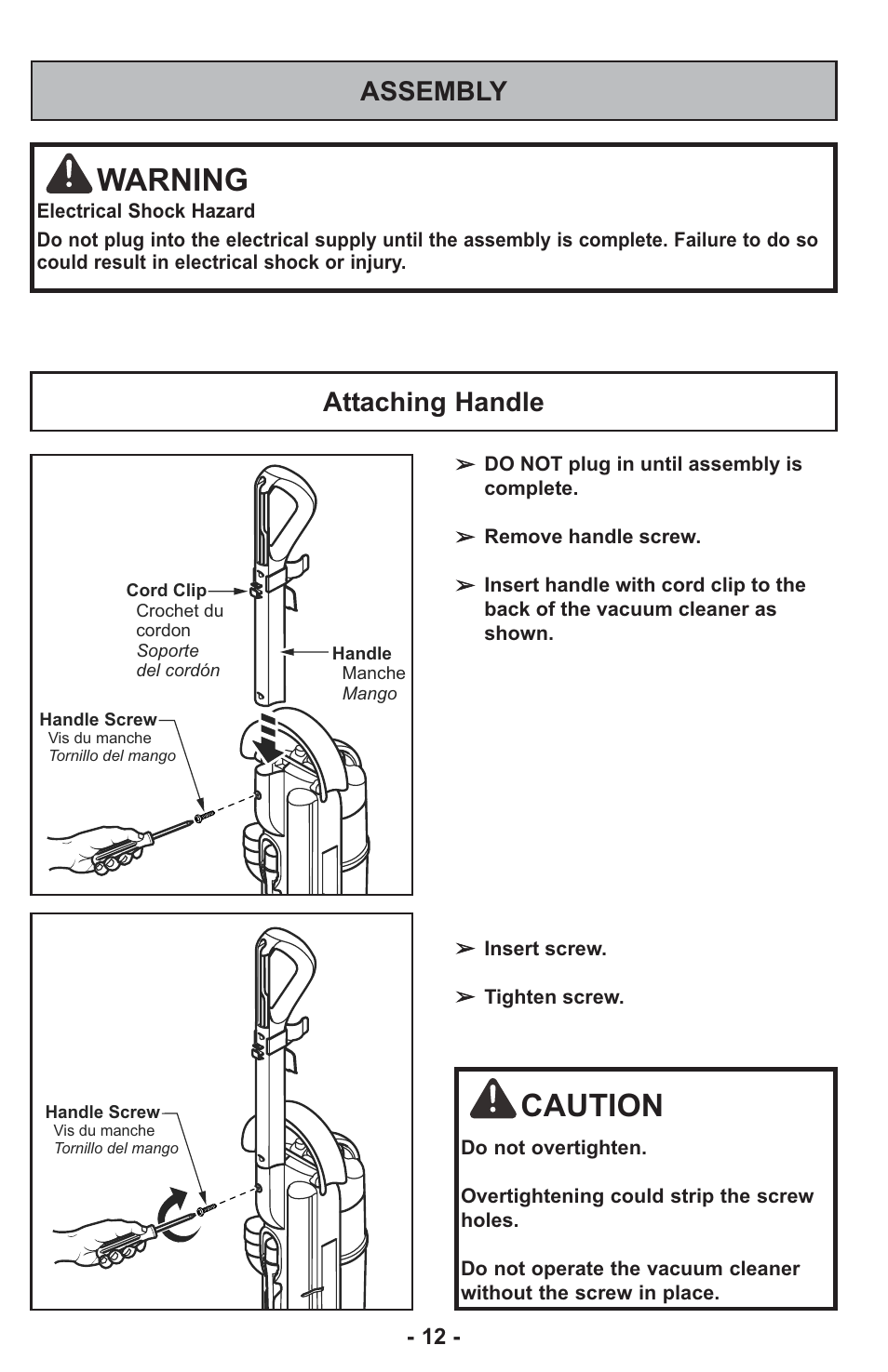 Warning, Caution, Assembly | Attaching handle | Panasonic ASPIRATEUR MC-UL810 User Manual | Page 12 / 60