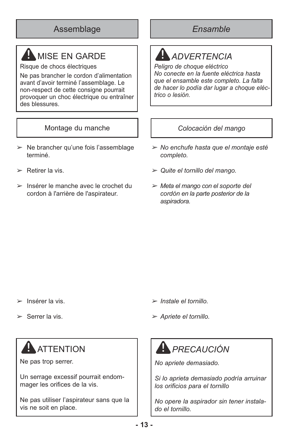 Assemblage mise en garde, Ensamble advertencia, Attention | Precaución | Panasonic ASPIRATEUR MC-UL810 User Manual | Page 13 / 60