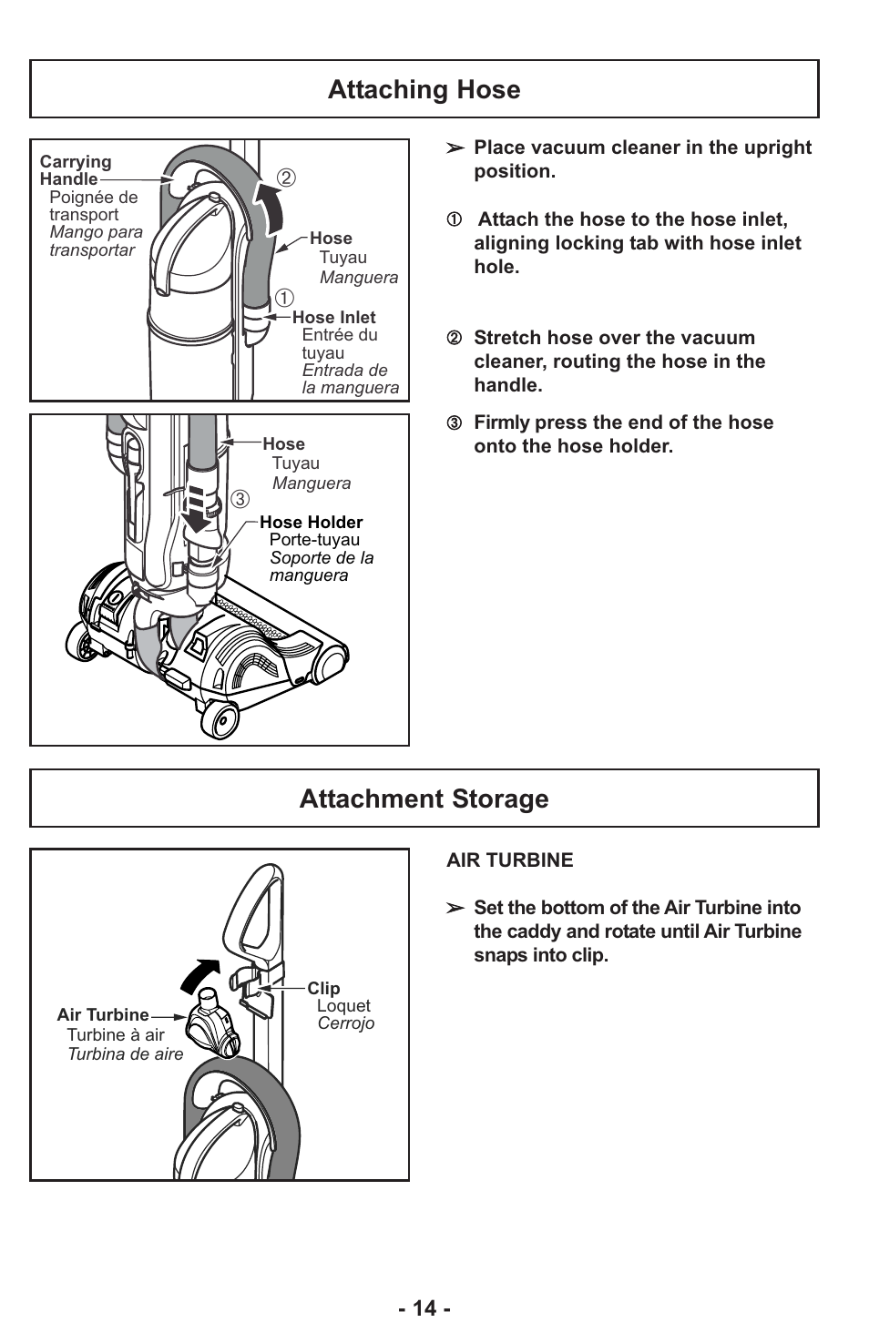 Attaching hose, Attachment storage | Panasonic ASPIRATEUR MC-UL810 User Manual | Page 14 / 60