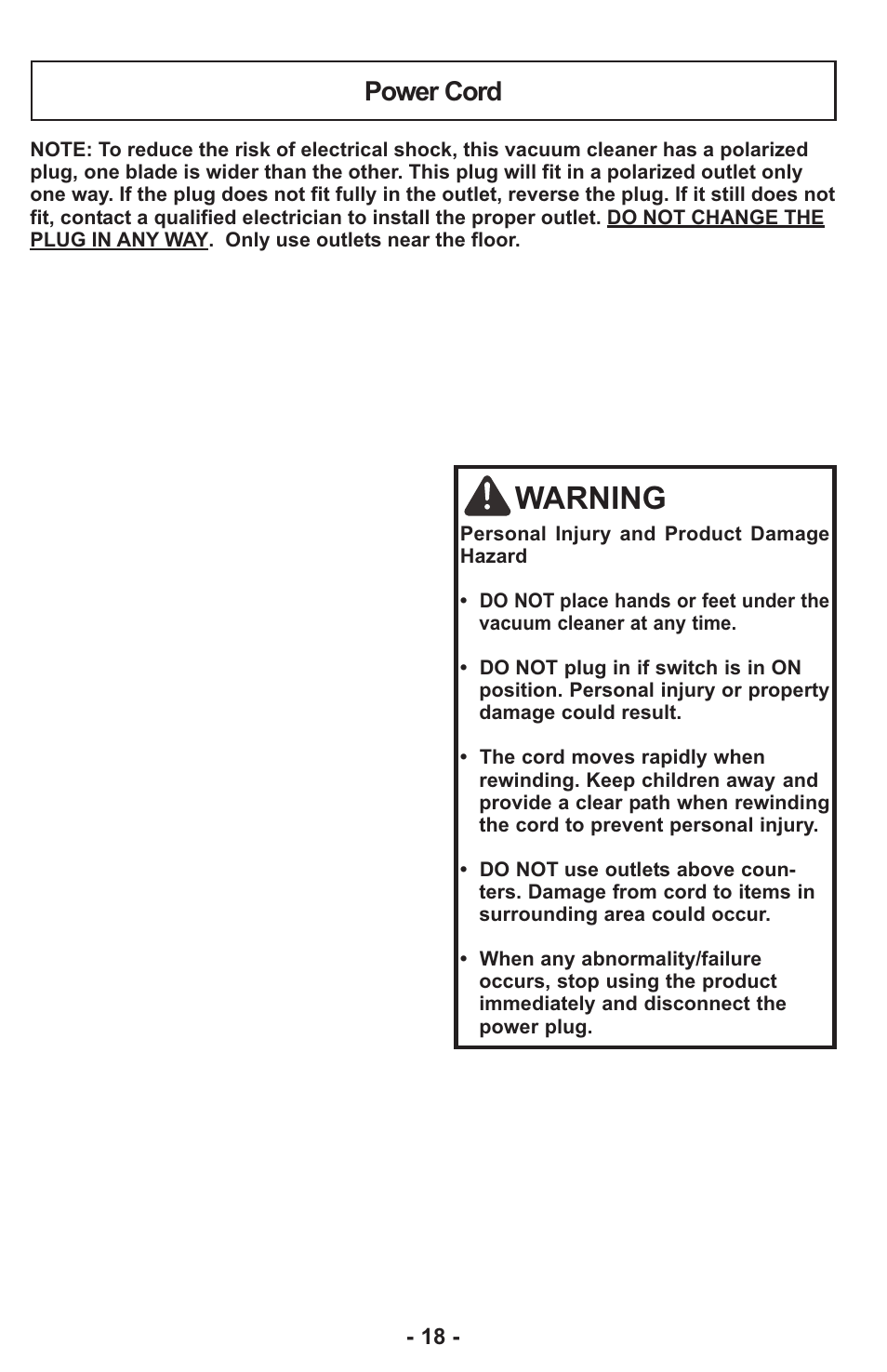 Warning, Power cord | Panasonic ASPIRATEUR MC-UL810 User Manual | Page 18 / 60