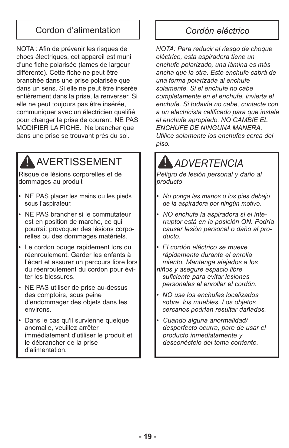 Avertissement, Advertencia, Cordon d’alimentation cordón eléctrico | Panasonic ASPIRATEUR MC-UL810 User Manual | Page 19 / 60