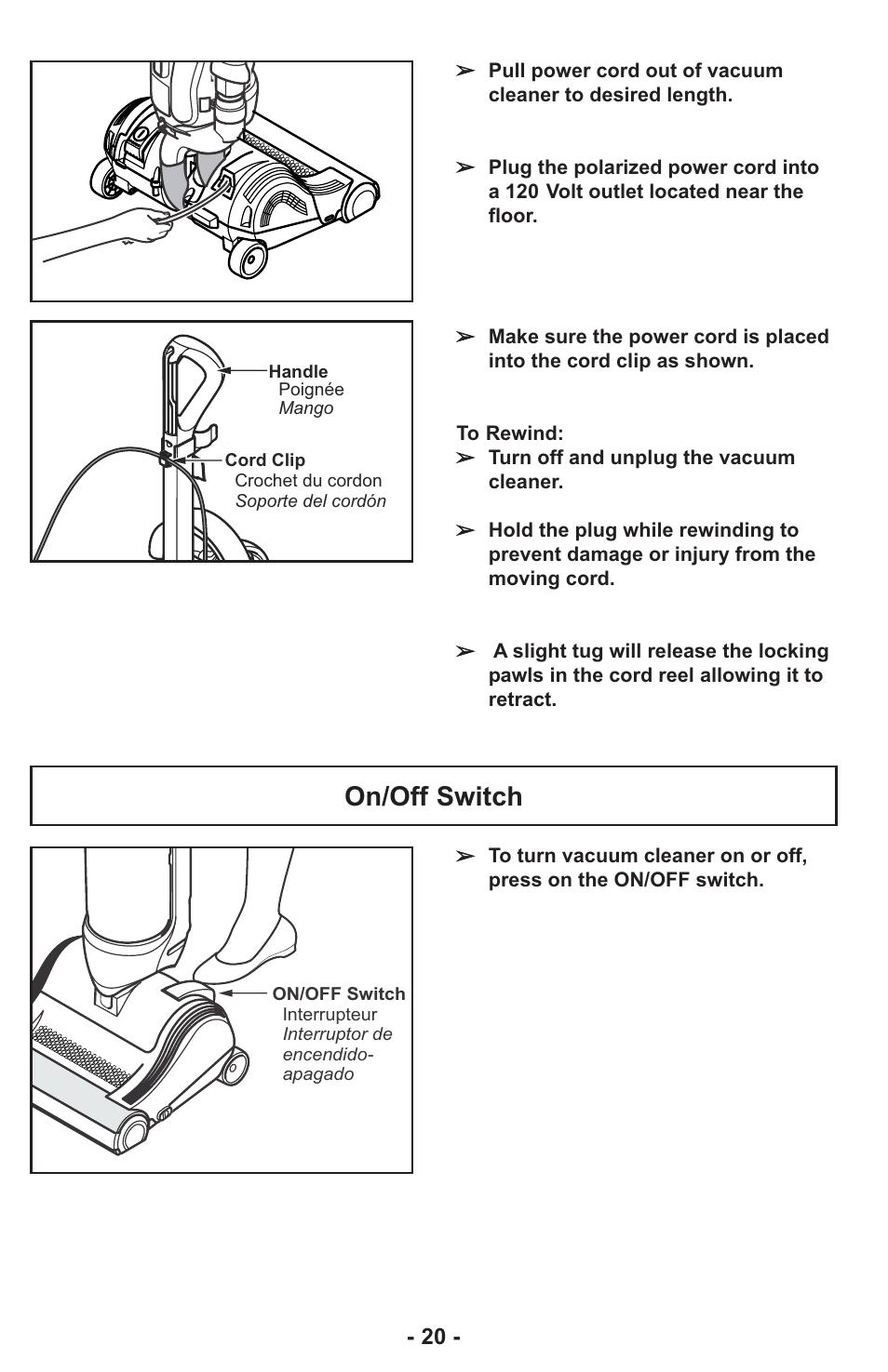 On/off switch | Panasonic ASPIRATEUR MC-UL810 User Manual | Page 20 / 60