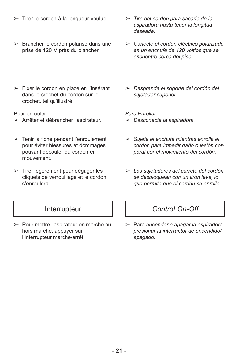 Interrupteur control on-off | Panasonic ASPIRATEUR MC-UL810 User Manual | Page 21 / 60