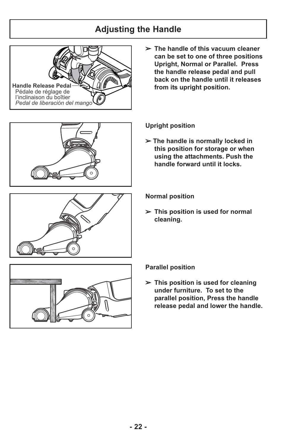 Adjusting the handle | Panasonic ASPIRATEUR MC-UL810 User Manual | Page 22 / 60