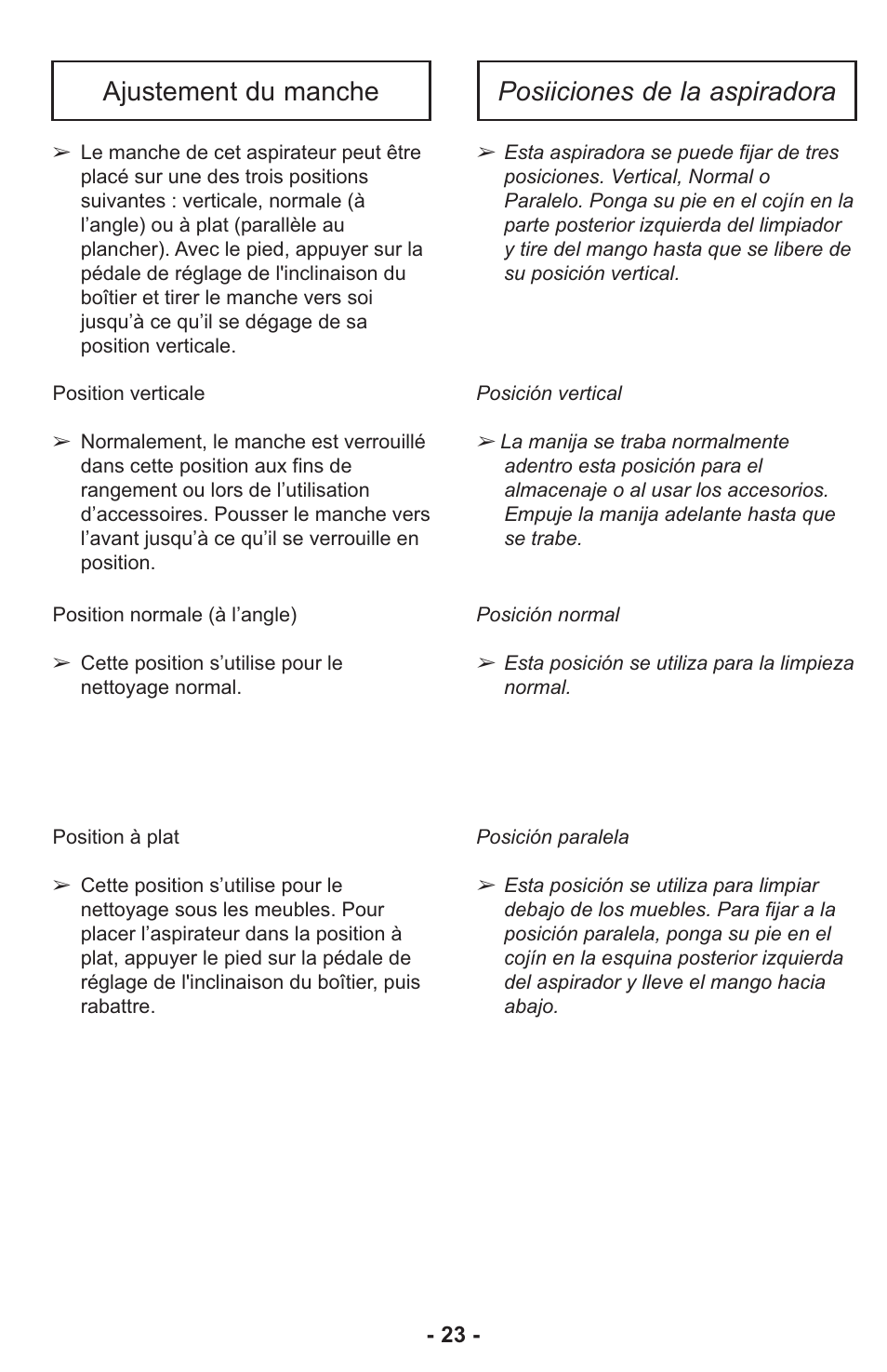 Ajustement du manche posiiciones de la aspiradora | Panasonic ASPIRATEUR MC-UL810 User Manual | Page 23 / 60