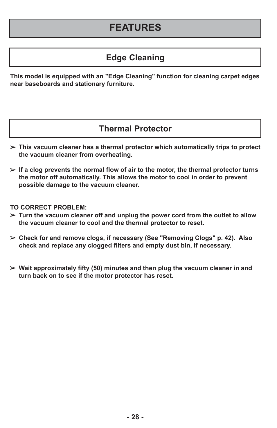 Features, Edge cleaning, Thermal protector | Panasonic ASPIRATEUR MC-UL810 User Manual | Page 28 / 60