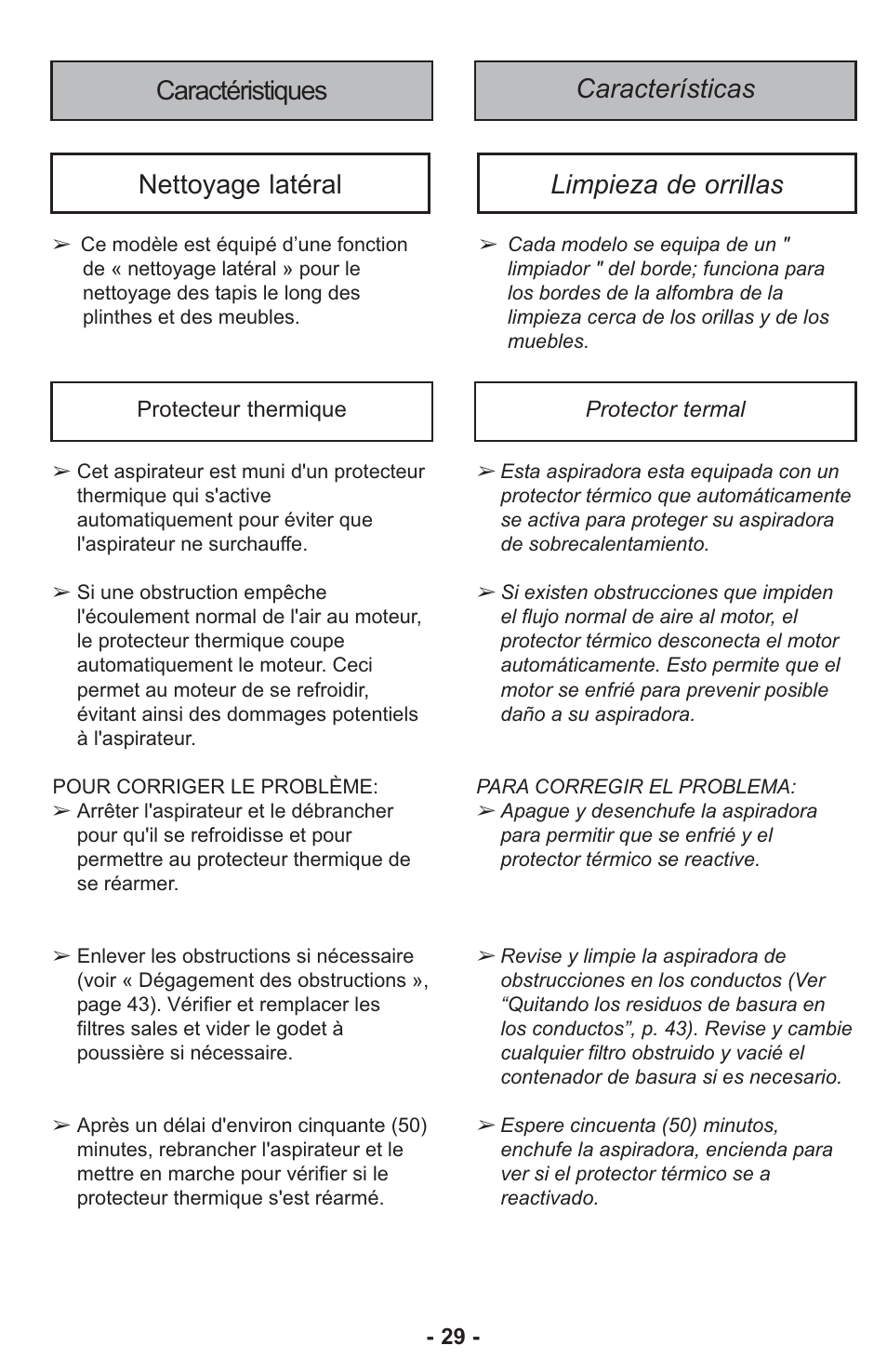 Características caractéristiques, Nettoyage latéral limpieza de orrillas | Panasonic ASPIRATEUR MC-UL810 User Manual | Page 29 / 60