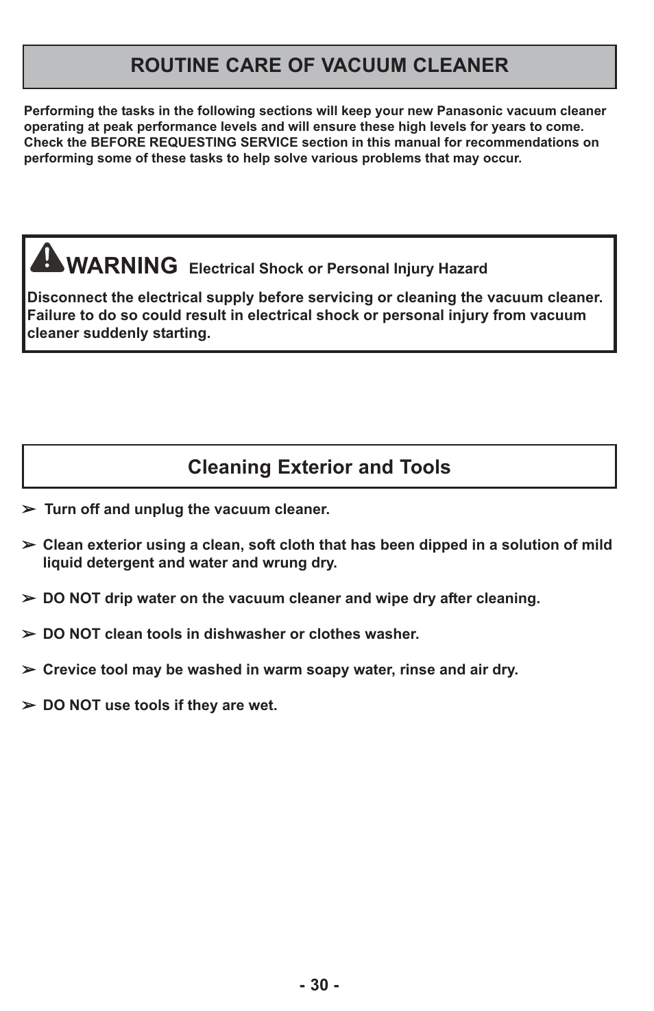 Warning, Routine care of vacuum cleaner, Cleaning exterior and tools | Panasonic ASPIRATEUR MC-UL810 User Manual | Page 30 / 60