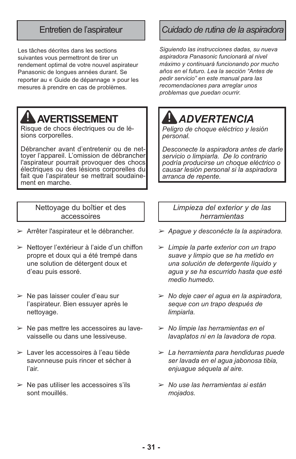 Avertissement, Advertencia | Panasonic ASPIRATEUR MC-UL810 User Manual | Page 31 / 60
