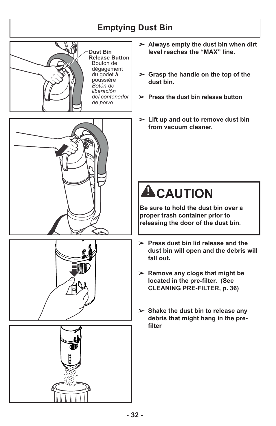 Caution, Emptying dust bin | Panasonic ASPIRATEUR MC-UL810 User Manual | Page 32 / 60