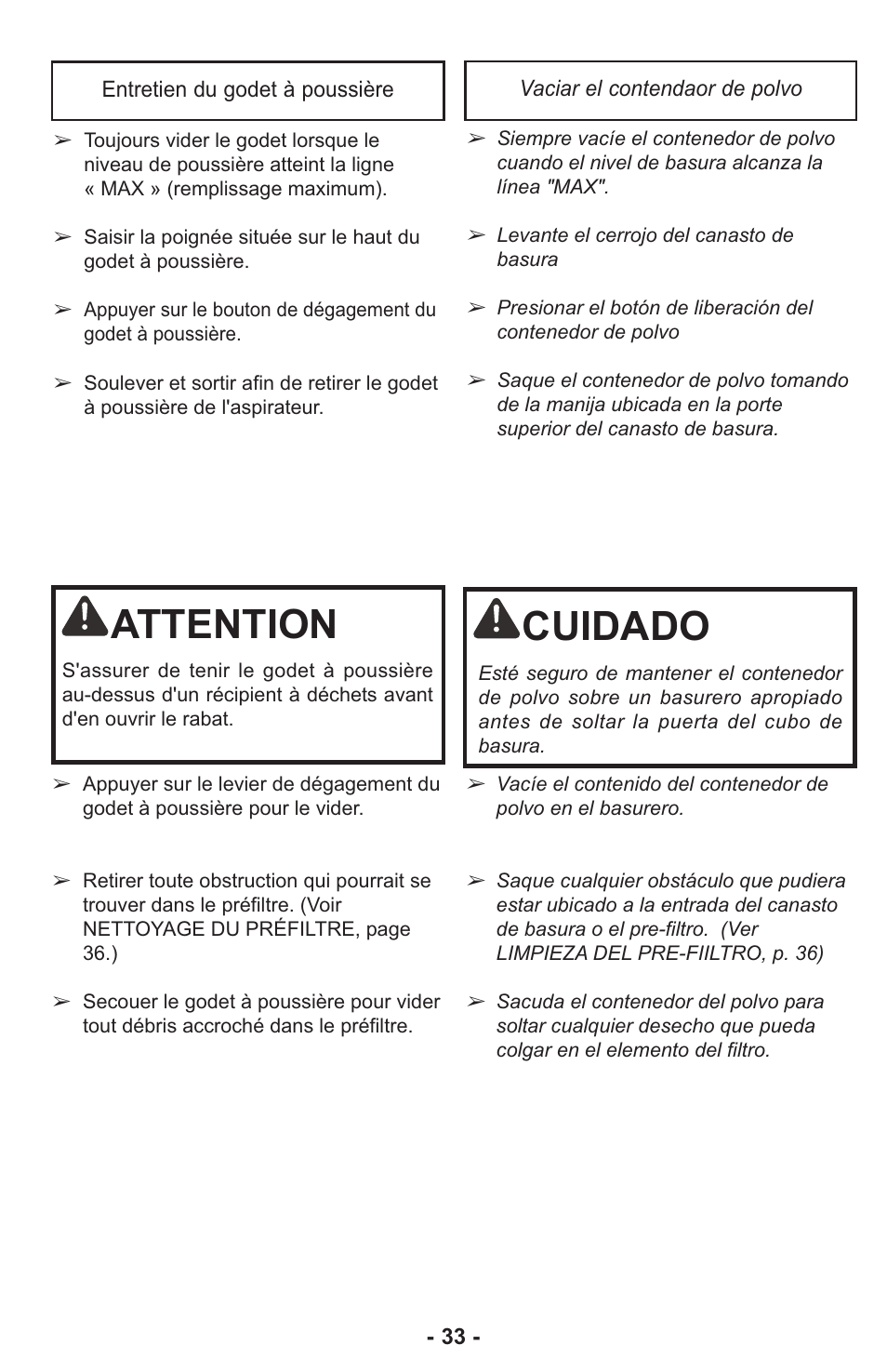 Attention, Cuidado | Panasonic ASPIRATEUR MC-UL810 User Manual | Page 33 / 60