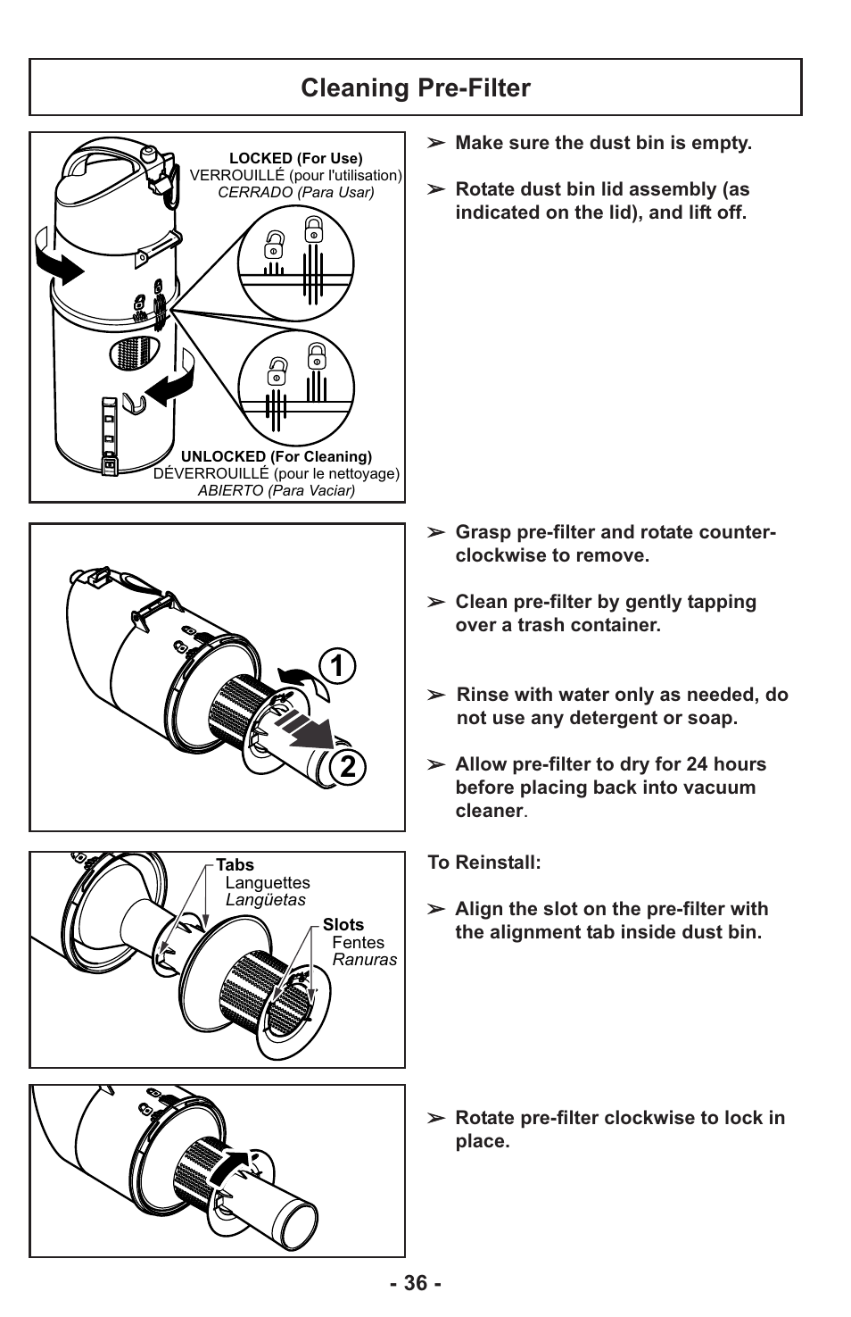 Cleaning pre-filter | Panasonic ASPIRATEUR MC-UL810 User Manual | Page 36 / 60