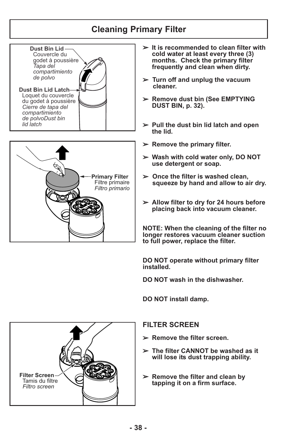 Cleaning primary filter | Panasonic ASPIRATEUR MC-UL810 User Manual | Page 38 / 60