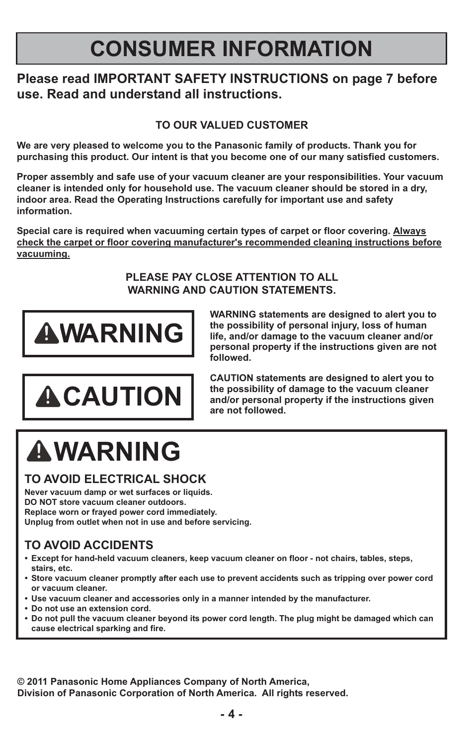 Warning, Caution, Consumer information | Panasonic ASPIRATEUR MC-UL810 User Manual | Page 4 / 60