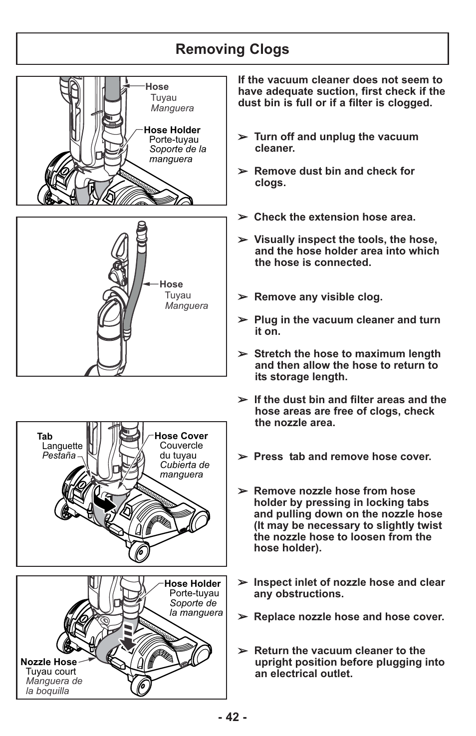 Removing clogs | Panasonic ASPIRATEUR MC-UL810 User Manual | Page 42 / 60