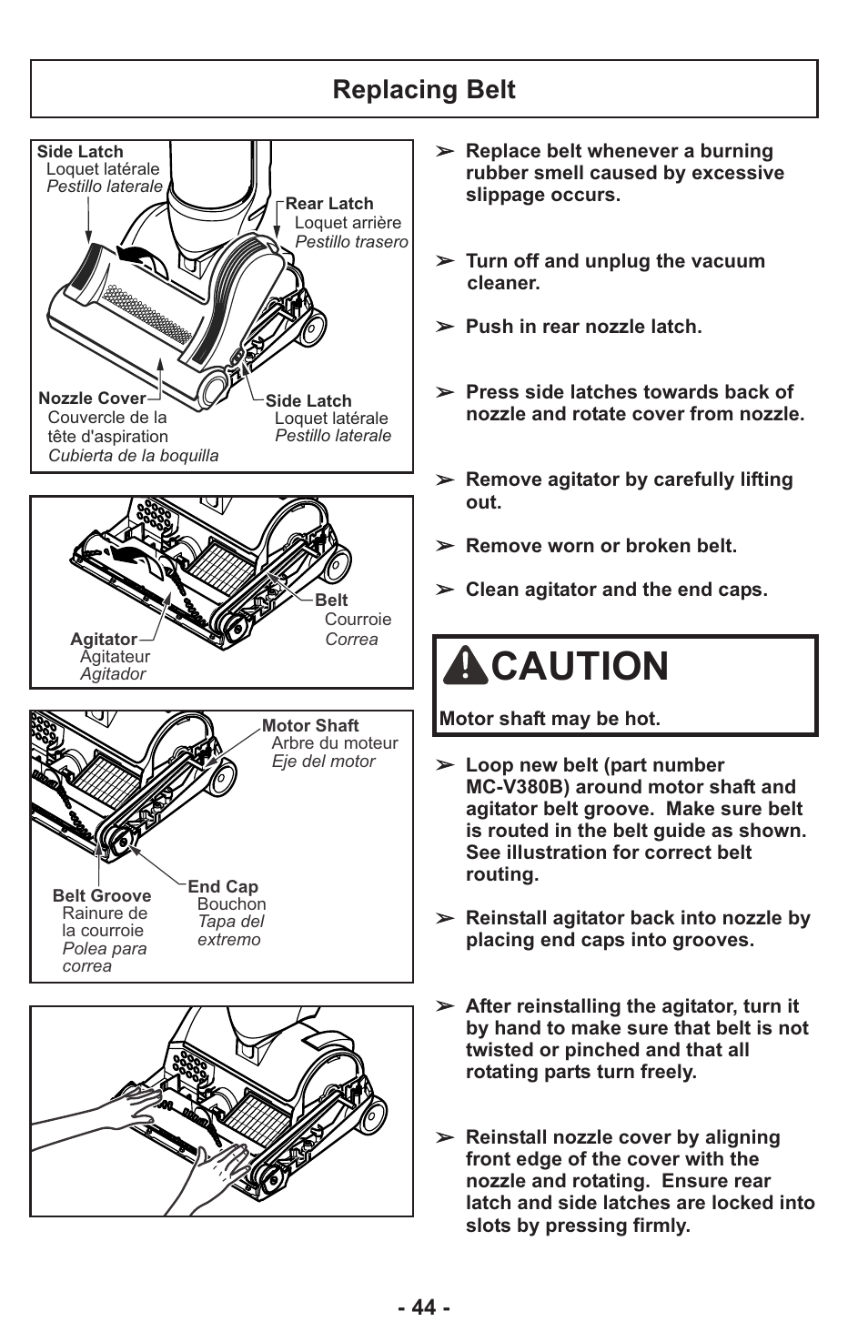 Caution, Replacing belt | Panasonic ASPIRATEUR MC-UL810 User Manual | Page 44 / 60