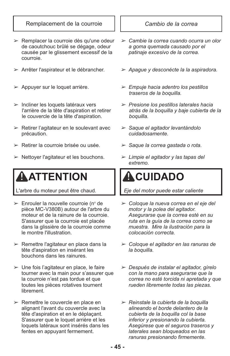 Cuidado, Attention | Panasonic ASPIRATEUR MC-UL810 User Manual | Page 45 / 60