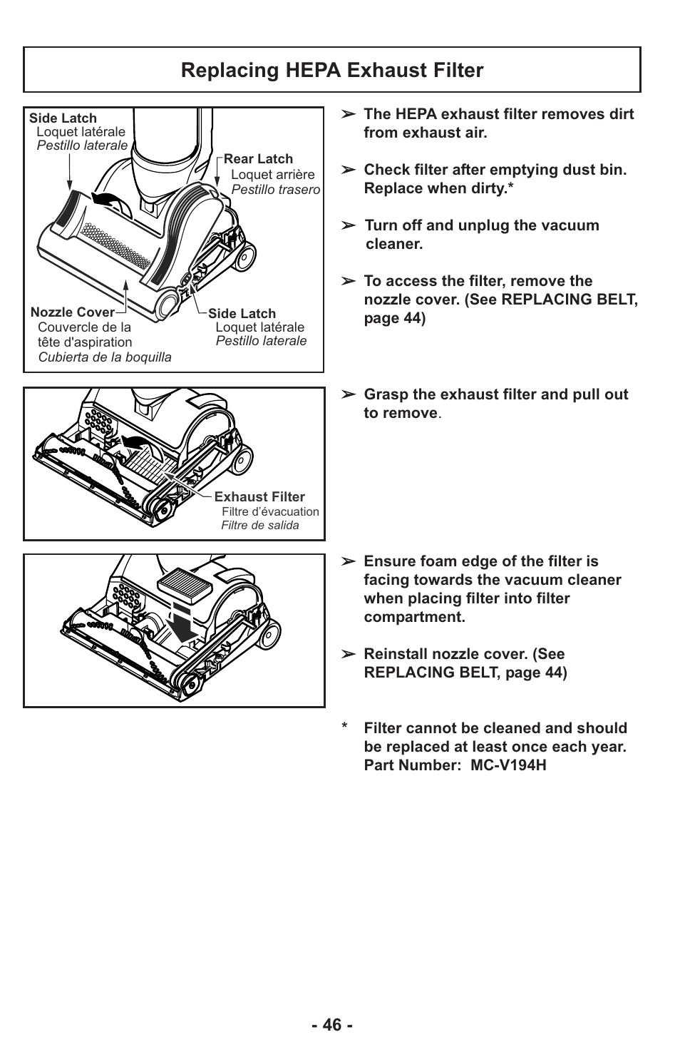 Replacing hepa exhaust filter | Panasonic ASPIRATEUR MC-UL810 User Manual | Page 46 / 60