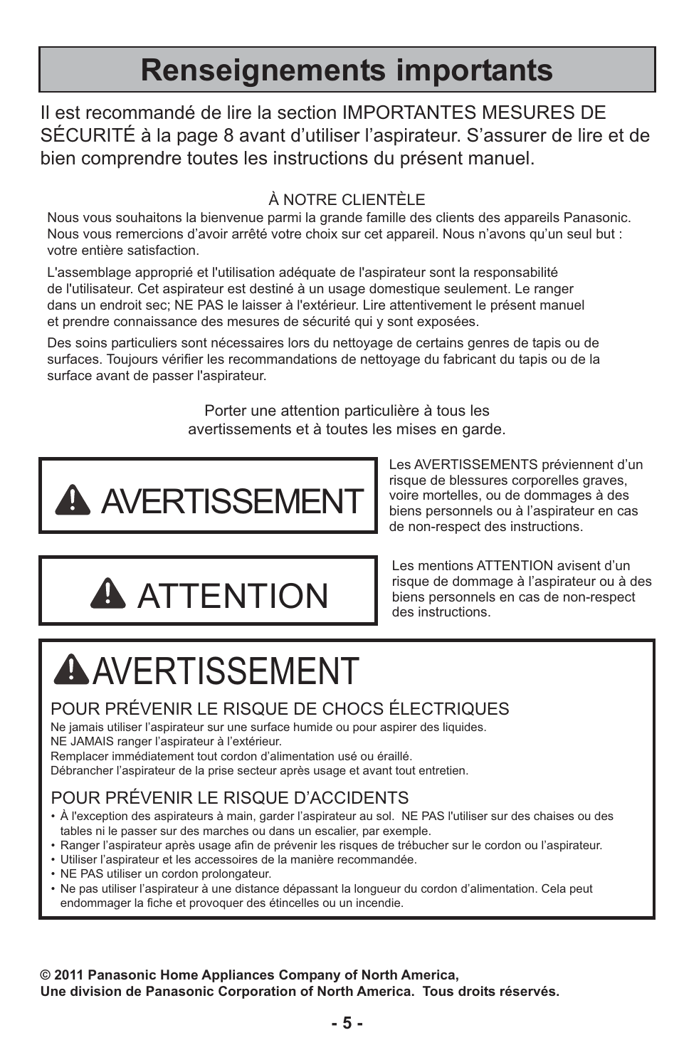 Avertissement, Attention, Renseignements importants | Panasonic ASPIRATEUR MC-UL810 User Manual | Page 5 / 60