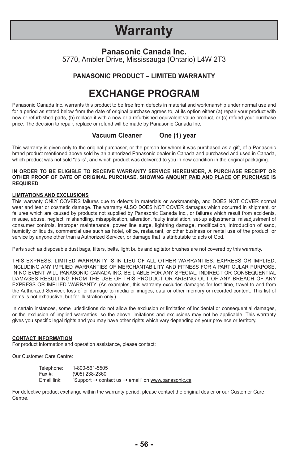 Warranty, Exchange program, Panasonic canada inc | Panasonic ASPIRATEUR MC-UL810 User Manual | Page 56 / 60