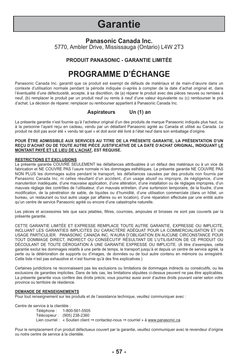Garantie, Programme d’échange, Panasonic canada inc | Panasonic ASPIRATEUR MC-UL810 User Manual | Page 57 / 60