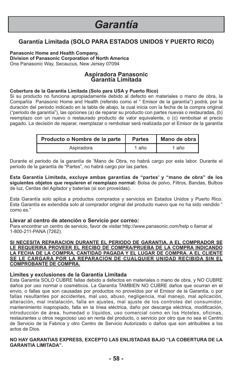 Garantía | Panasonic ASPIRATEUR MC-UL810 User Manual | Page 58 / 60